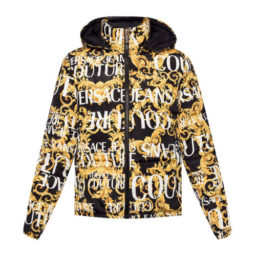 VERSACE JEANS/范思哲牛仔 女士黑黃白拼色經(jīng)典巴洛克印花拉鏈開(kāi)合連帽棉夾克羽絨服 E5HUA976-25055-899