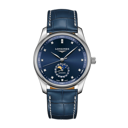 LONGINES/浪琴 名匠系列 自動(dòng)機(jī)械藍(lán)盤(pán)藍(lán)皮表帶鑲鉆月相男表40毫米L2.909.4.97.0
