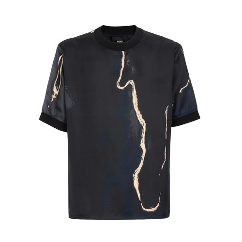 FENDI/芬迪 22年早春新款 男士黑色真絲抽象Earth圖案短袖寬松T恤FY1021AI8FF1AJR