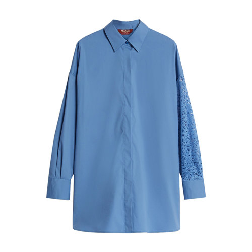MaxMara/麥絲瑪拉 22年秋冬新款 EDITTO系列 女士天空藍色棉質蕾絲邊尖領襯衫6196012906004