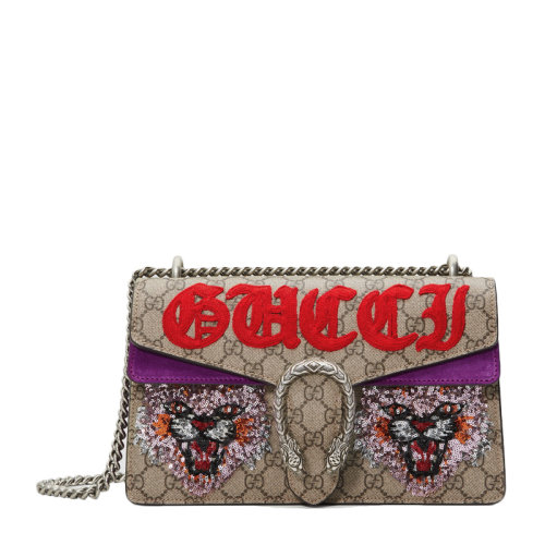 GUCCI古馳女士烏木色氣場貓亮片貼花刺繡單肩包米色/烏木色米色/烏木色