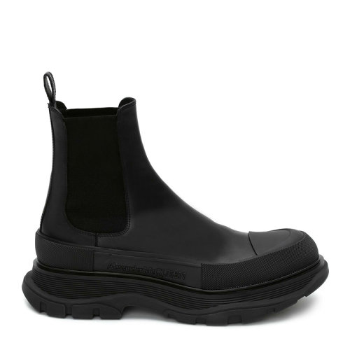 Alexander McQueen/亞歷山大麥昆 男士黑色小牛皮經(jīng)典字母徽標壓花裝飾馬丁靴中筒靴短靴踝靴皮靴男靴 634617-WHZ61-1081