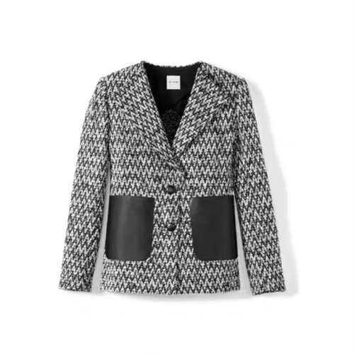 St.John/盛薔黑白條紋皮革飾邊針織女士夾克外套K6110W2