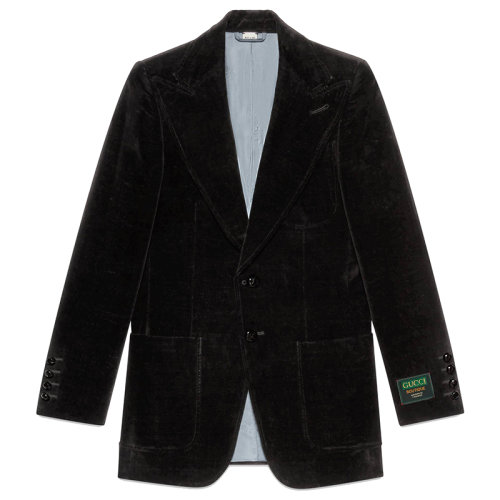 GUCCI/古馳男士黑色棉質(zhì)有Gucci標(biāo)簽的天鵝絨夾克648932Z8AMW1000