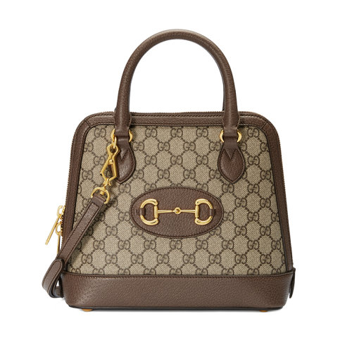 GUCCI/古馳  201955系列 馬銜扣老花帆布拼接棕色皮革小號(hào)手提包 62122092TCG8563