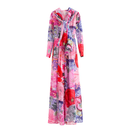 GeleiStory/GeleiStory 夏季新款度假風(fēng)長(zhǎng)袖連衣裙 粉底印花長(zhǎng)袖收腰長(zhǎng)款連衣裙女士裙裝＞女士連衣裙