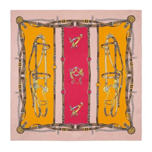  GUCCI古馳 22年秋冬 女士 飾雙G馬具印花圍巾 712443 3G001 5972