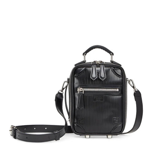 FENDI/芬迪 男士黑色小牛皮經(jīng)典雙F字母徽標(biāo)壓花裝飾拉鏈開合迷你單肩包斜挎包手提包旅行包男包 7VA542-AG0R-F0GXN