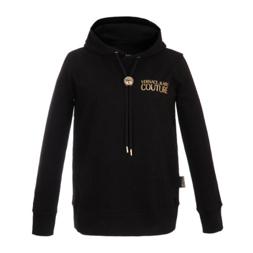 VERSACE JEANS/范思哲牛仔 女士黑色棉質(zhì)經(jīng)典字母徽標(biāo)印花裝飾長(zhǎng)袖上衣外套連體帽衫運(yùn)動(dòng)衫 B6HVA778-13956-899