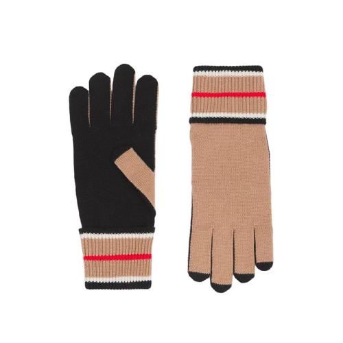 BURBERRY/博柏利 22年早春新款 男士黑色/駝色羊絨混紡經(jīng)典條紋袖口針織手套80496361