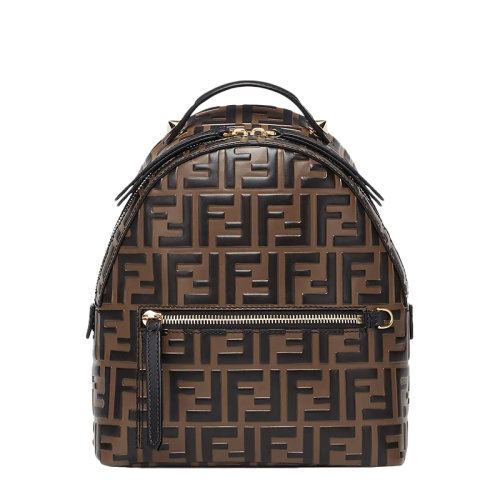 FENDI/芬迪 BACKPACK 棕色小牛皮FF圖案壓紋迷你雙肩包 8BZ038A5TLF13VK