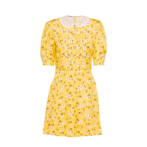 MiuMiu/繆繆 黃色 女士通體緞面提花娃娃領(lǐng)連衣裙 MF3584_1V9B_F0388