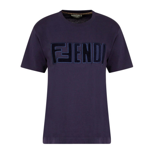 FENDI/芬迪 女士深藍(lán)色棉質(zhì)浮雕字母LOGO刺繡圓領(lǐng)短袖T恤 FS7254-AD8Z-F1BGW