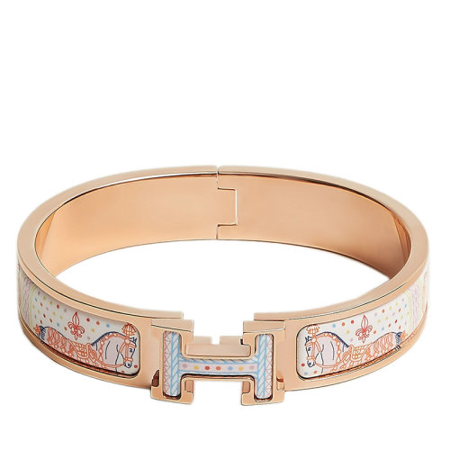 HERMES/愛(ài)馬仕 經(jīng)典款Clic H系列 粉彩色琺瑯“盛宴”圖案印花鍍玫瑰金飾面H標(biāo)識(shí)手鐲 H702410FOD3