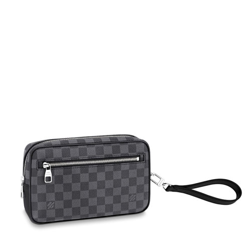 Louis Vuitton/路易威登 22春夏新款KASAI系列 男士石墨色方格棋盤(pán)帆布配皮徽標(biāo)印花銀扣配腕帶拉鏈開(kāi)合手拿包N41664