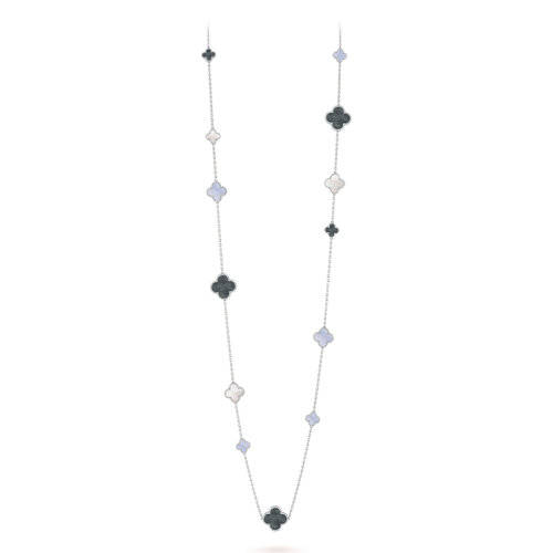 Van Cleef & Arpels/梵克雅寶 經(jīng)典Magic Alhambra系列 18k金白金白色灰色珍珠母貝玉髓16個四葉草吊墜長項鏈VCARN19000