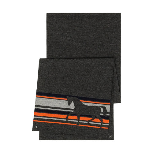 HERMES/愛(ài)馬仕 男士無(wú)煙煤色/海軍藍(lán)/橙色火熱的馬條紋圖案羊絨真絲圍巾H733767T04