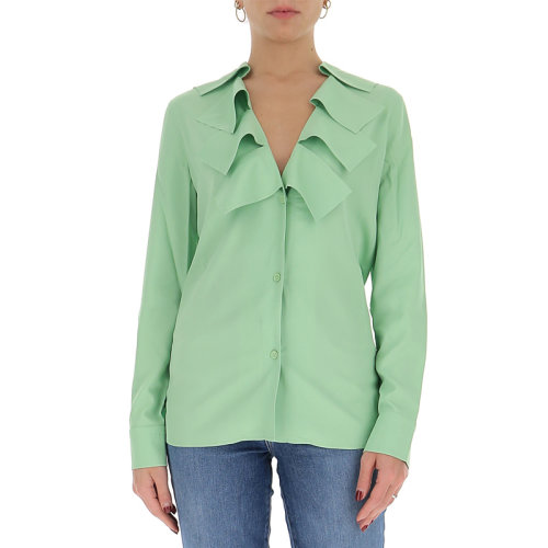 BOTTEGA VENETA 葆蝶家 女士 服裝  綠色V領(lǐng)翻領(lǐng)設(shè)計長袖襯衫 女士長袖襯衫