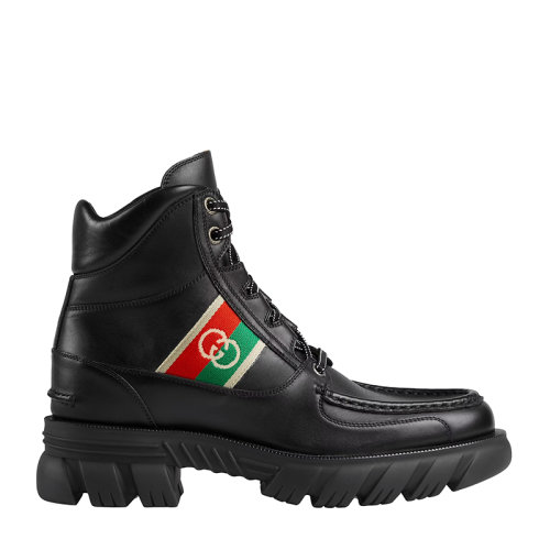 GUCCI/古馳      男士黑色皮革互扣雙G提花條紋踝靴663368DTNE01080