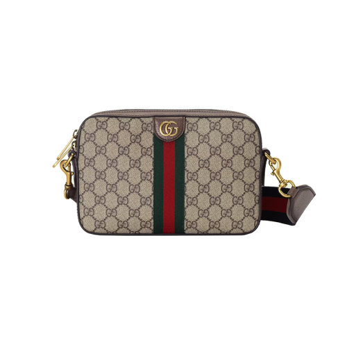 GUCCI/古馳 23春夏新款 Ophidia GG系列 男士米色/烏木色帆布棕色皮革飾面做舊金色標(biāo)志雙G織帶肩帶拉鏈開合單肩包6994399C2ST8920