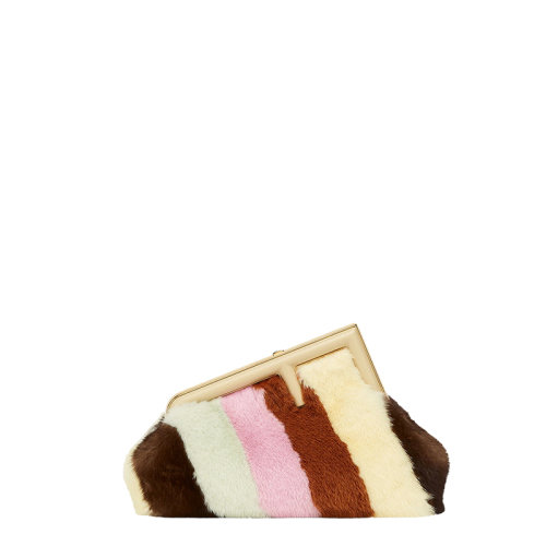 FENDI/芬迪 22春夏新款First系列 女士小號(hào)水貂棕紅色調(diào)金屬F扣手拿包肩背包8BP129AJHZF1HME