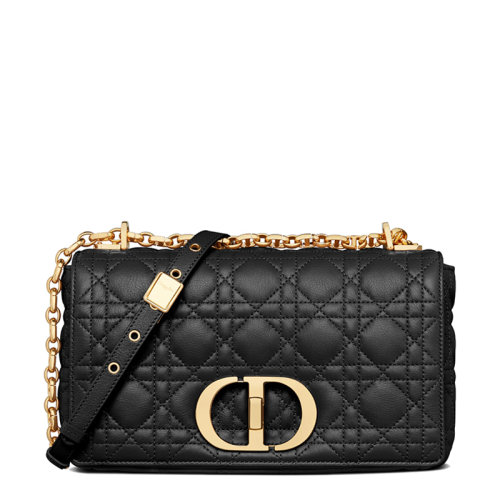 DIOR/迪奧 20  CARO系列 女士中號(hào)黑色柔軟小牛皮藤格紋CD扭紋扣翻蓋封口單肩斜挎包M9242UWHC_M900