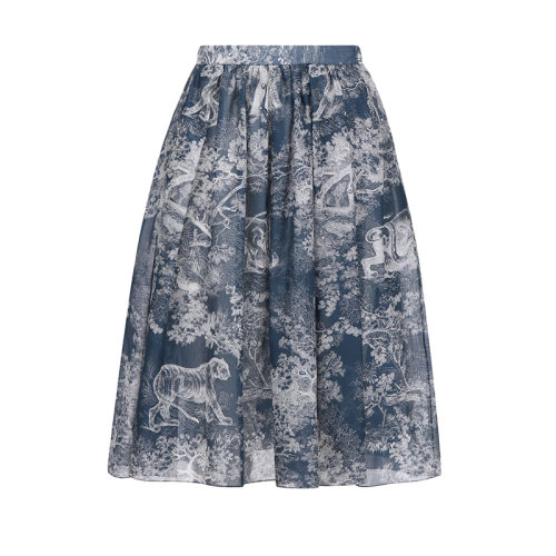 DIOR/迪奧 22年早春新款 女士海軍藍(lán)色純棉薄紗Reverse茹伊印花喇叭半身裙傘裙221J90A3846_X5813