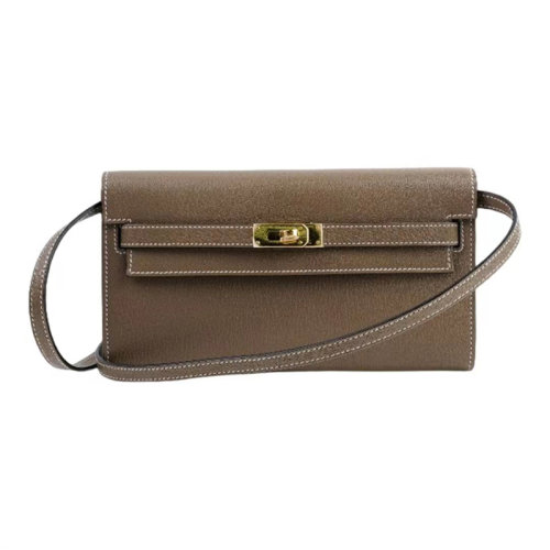 HERMES|愛馬仕 kelly To Go Mysore山羊皮 金扣手拿單肩斜挎錢包 女款 18 Etoupe 大象灰