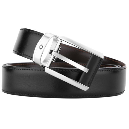 MontBlanc/萬(wàn)寶龍 男士黑色當(dāng)代系列緞砂矩形針式單面皮帶/腰帶 38158