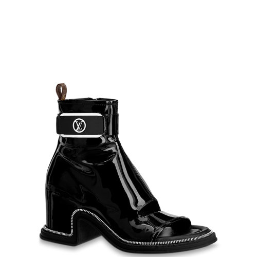 Louis Vuitton/路易威登 22年春夏新款 MOONLIGHT系列 女士黑色漆面牛皮革粗跟露趾及踝靴1AA1YG