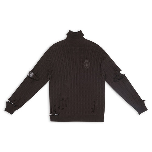 Balenciaga/巴黎世家 22年秋冬新款 男士棕色棉質(zhì)褶皺絞花針織肘部開口羅紋領(lǐng)口袖口刺繡圖案高領(lǐng)衫696106T32350213