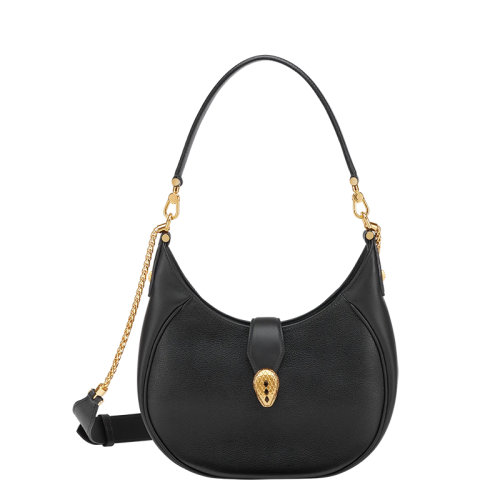BVLGARI/寶格麗 SERPENTI ELLIPSE系列 女士中號黑色小牛皮蛇首搭扣單肩手提腋下包291636