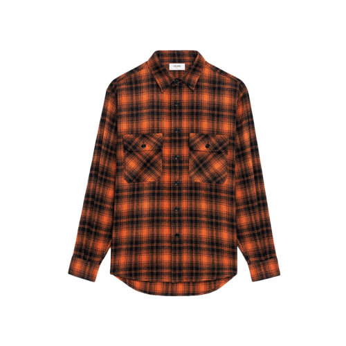 CELINE/賽琳 22年春夏新款 男士橙色/黑色羊毛混紡格紋寬松襯衫2C574073Q.20OA