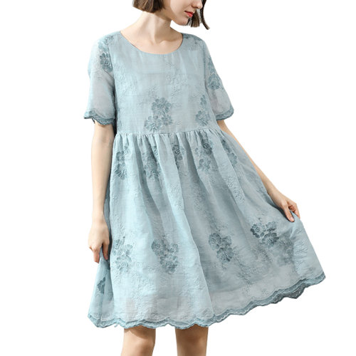 GeleiStory/GeleiStory 夏季新款氣質(zhì)寬松顯瘦苧麻刺繡氣質(zhì)連衣裙女   女裝＞女士裙裝＞女士連衣裙