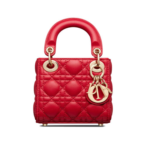 DIOR/迪奧 23新款 LADY系列 女士迷你猩紅色小羊皮拆卸復古金色吊飾調(diào)節(jié)拆卸肩帶肩背斜挎手提包S0856ONGE_M57R