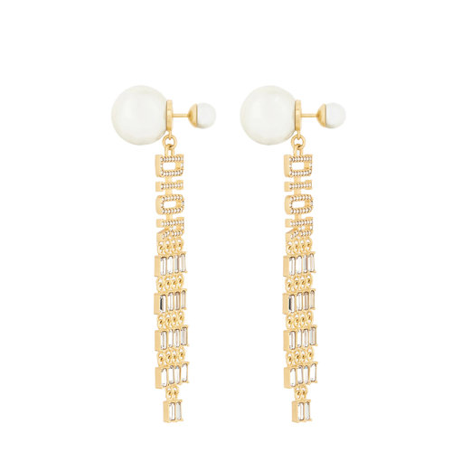 DIOR/迪奧 22春夏新款TRIBALES系列 女士金色飾面金屬飾白色樹脂珠鑲透明晶體長方形字體吊墜耳環(huán)E1817TRICY_D301