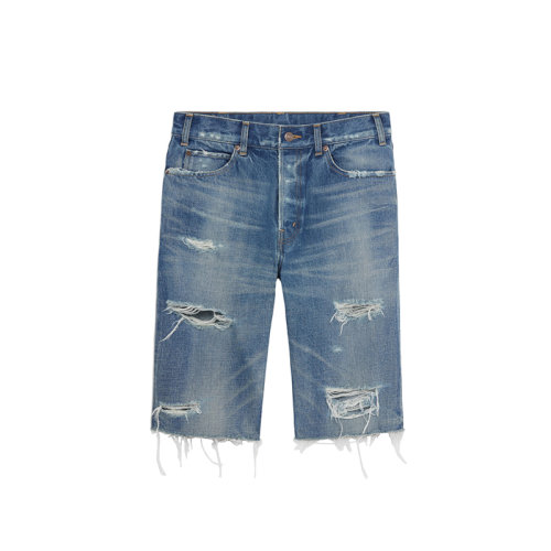 CELINE/賽琳 22年春夏新款 KURT THRASH系列 男士水洗藍(lán)色純棉破洞中腰牛仔短褲2N623942M.08TH