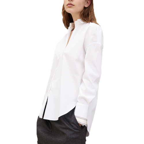 GeleiStory/GeleiStory歐美風(fēng)初春新款珠鏈彈棉府綢簡約純色休閑風(fēng)氣質(zhì)落肩白襯衫女女士襯衫＞女士長袖襯衫