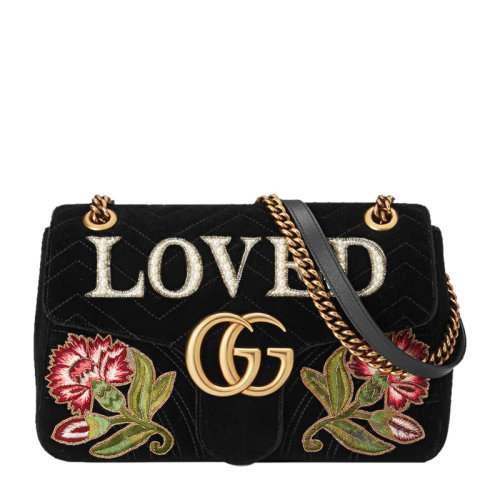 【倪妮同款】GUCCI/古馳 GG Marmont系列女士黑色天鵝絨單肩包斜挎包 443496-K4DLT-1093