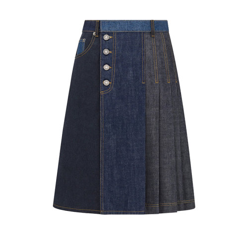 DIOR/迪奧 22年春夏新款 女士藍色純棉拼飾效果牛仔百褶裙222J55A3510_X5889