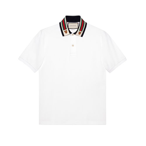 GUCCI/古馳 22年春夏新款 男士白色棉質(zhì)混紡彈力面料飾條紋織帶和虎頭短袖polo衫545714XJAGU9061