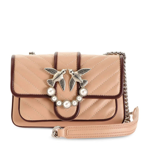 Pinko/品高女士米色牛皮銀色金屬標(biāo)志水晶裝飾燕子包斜挎包單肩包斜挎包女包 1P21UH-Y6M6P9L