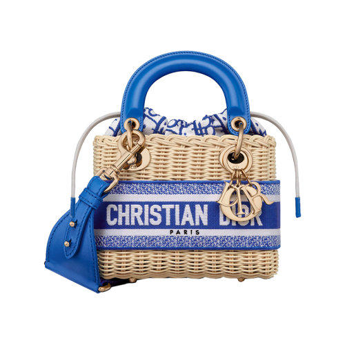 DIOR/迪奧 22新款 lady系列 女士mini柳條配霓虹藍色提花帆布抽繩開合淺金色吊飾刺繡拆卸肩帶手提斜挎包M0505OMVD_M808