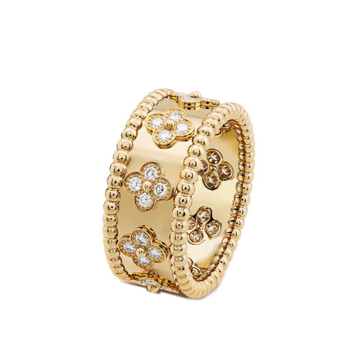 Van Cleef & Arpels/梵克雅寶 Perlée trèfles系列 小號款18K金黃金三葉草圖案鑲嵌28顆鉆石戒指指環(huán)VCARO9NC00