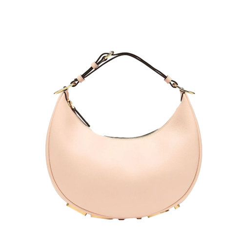 Fendi/芬迪 22年春夏新款Fendigraphy系列 女士粉色皮革復(fù)古金色金屬徽標(biāo)小號新月單肩斜挎手提包8BR798A5DYF1HD6