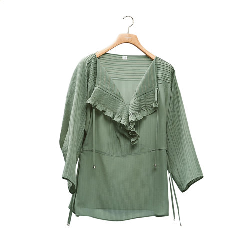 HERMES/愛馬仕 22年秋冬新款 女士鼠尾草綠色真絲荷葉邊寬松襯衫H2H0618DVG034