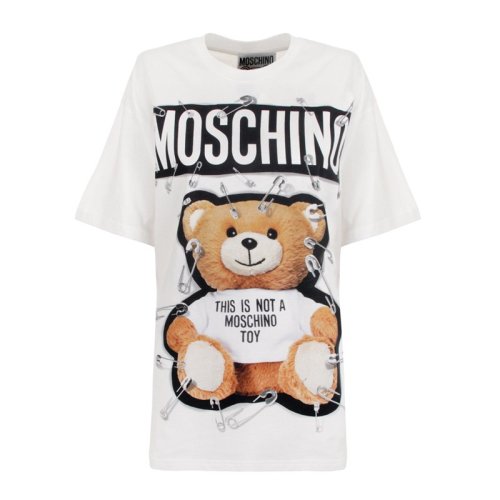 MOSCHINO/莫斯奇諾 女士白色純棉別針泰迪熊oversize款休閑短袖T恤