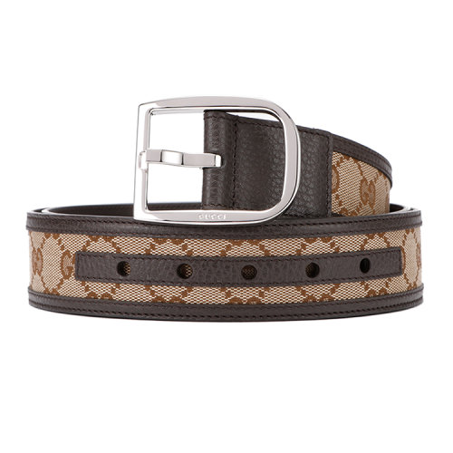  GUCCI/古馳  男士腰帶卡其色帆布深咖色配皮銀色扣腰帶