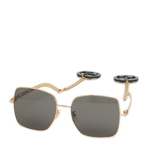 GUCCI/古馳 女士金色鏡框灰色方形鏡片經(jīng)典雙G字母徽標鏈條裝飾太陽鏡墨鏡眼鏡 GG0724S-001