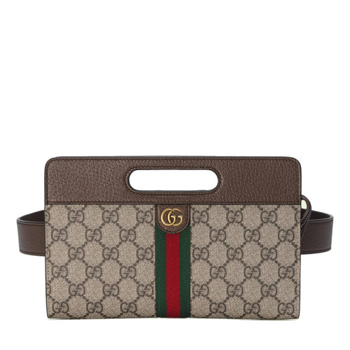 GUCCI/古馳 22新款Ophidia系列 女士米色/烏木色老花帆布配皮金扣紅綠織帶細(xì)節(jié)腰包70419696IWT8745